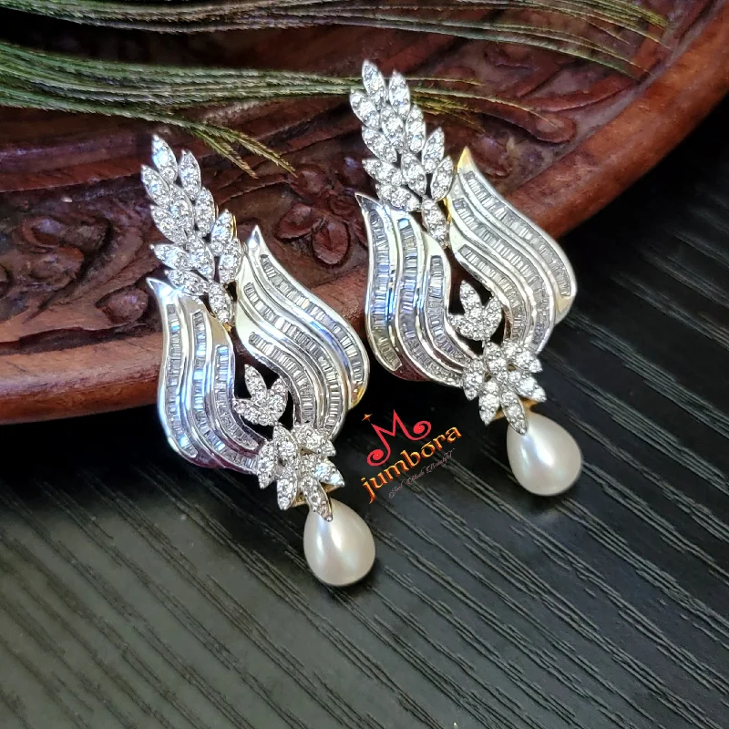 Chic Drop Earrings-Partywear Designer Pearl &  White AD Zircon Earrings