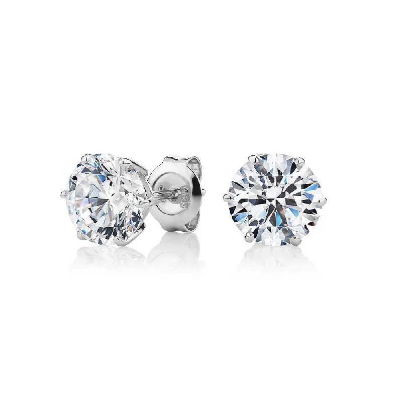 Artistic Designer Earrings-Round Brilliant stud earrings with 3 carats* of diamond simulants in 10 carat white gold