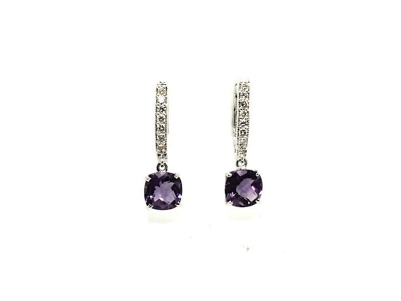 Cute Crystal Earrings-Cushion Amethyst Diamond Hoop Drop Earring AD No. 1092