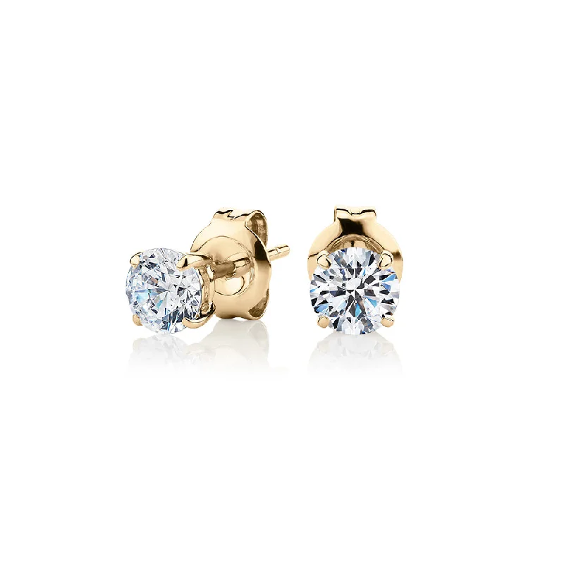 Large Crystal Drop Earrings-Round Brilliant stud earrings with 1 carat* of diamond simulants in 10 carat yellow gold