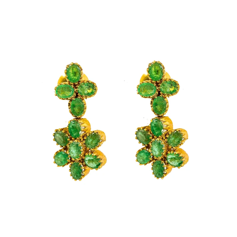 Stylish Dangling Earrings-22K Yellow Gold Earrings W/ Prong Set Emeralds & Double Flower Pendants