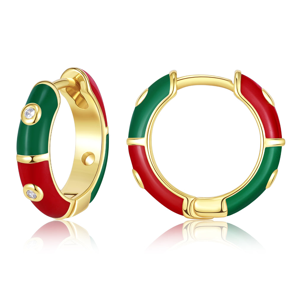 Silver Stud Earrings-Dainty Dual-color Enamel Small Hoop Colorful Cute Huggie Earrings-Red-Green