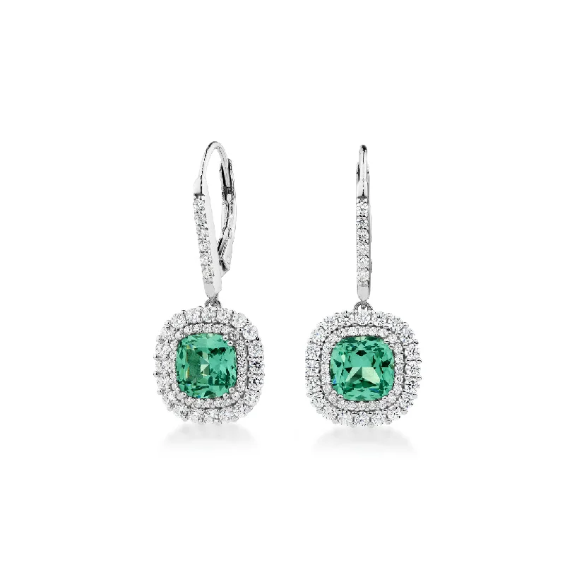 Silver Earrings with Diamonds-Cushion and Round Brilliant drop earrings with ocean green simulants and 0.96 carats* of diamond simulants in sterling silver