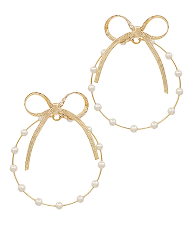 Wedding Earrings for Bride-Bow Pearl Hoop Earrings