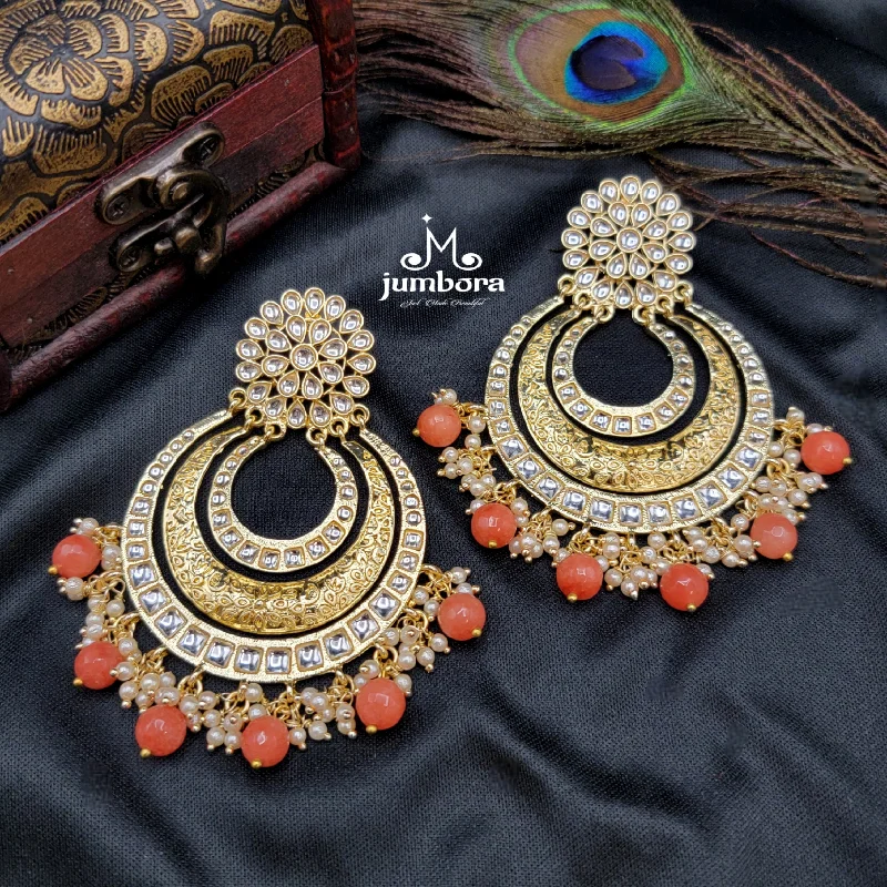 Tropical Earrings for Summer-Statement Chand Bali Kundan Earrings with Orange Bead