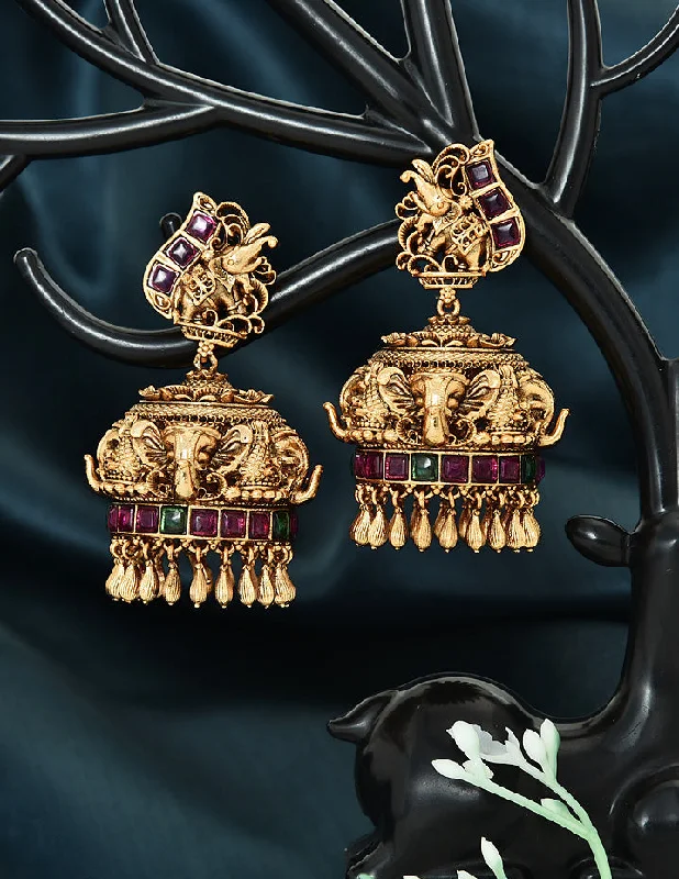 Rose Gold Earrings with Diamonds-Designer Kempu Ruby and Emerald Jhumka Earrings