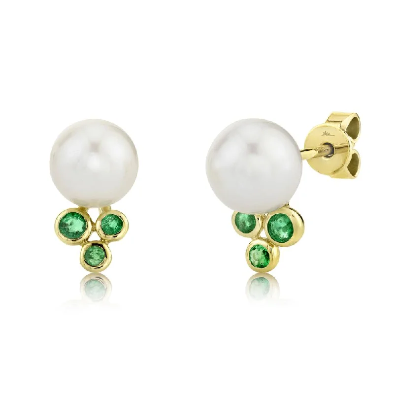 Gold Leaf Earrings-14K Yellow Gold Emerald and Cultured Pearl Earrings