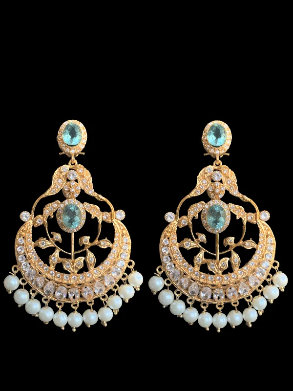 Statement Earrings for Parties-DER257 aqua blue Cz earrings with pearls (READY TO SHIP   )