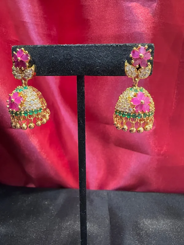 Eco-Friendly Hoop Earrings-Dazzling Gold Plated Design Jhumka With Multi Color Stone With Flower Designs For Women