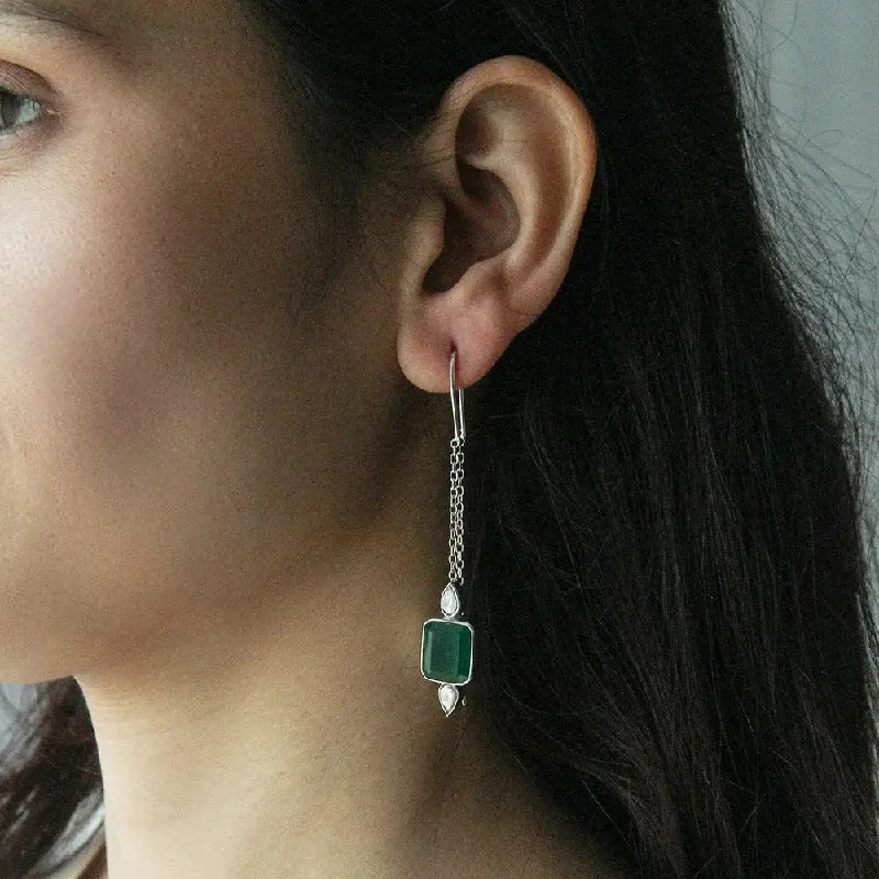 Layered Gold Earrings-SILVER GREEN SUI DHAGA EARRING