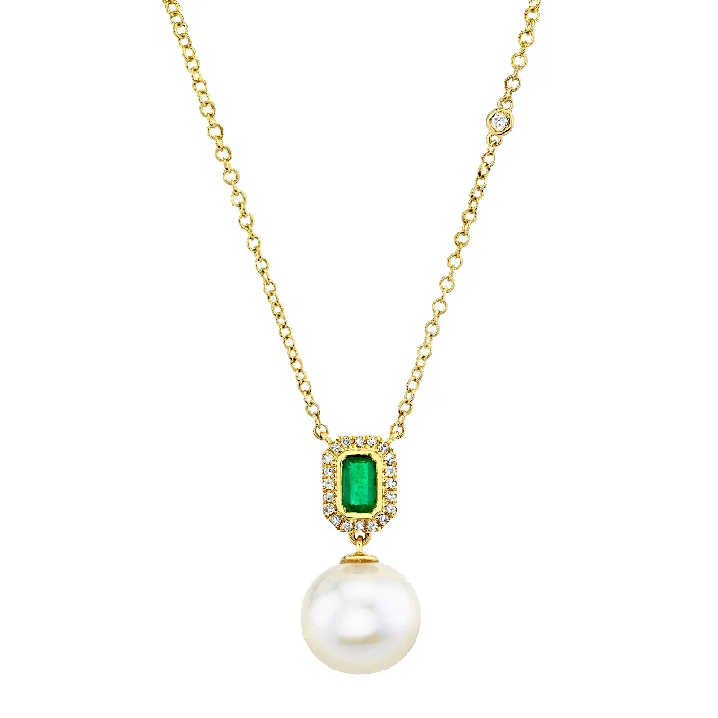 Double Pendant Necklace-READY TO SHIP PEARL & EMERALD HALO DROP NECKLACE