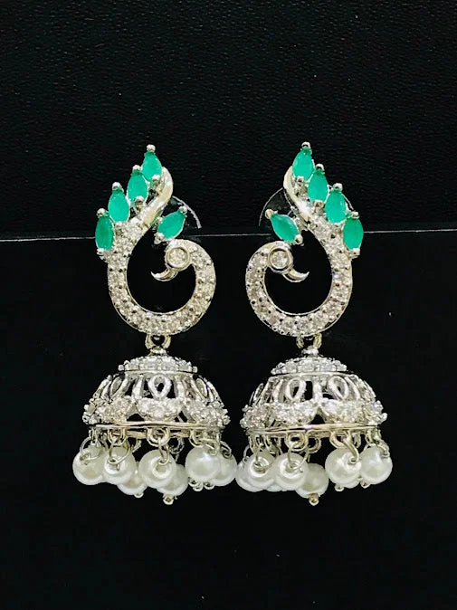 Spiral Silver Earrings-Adorable Green Color American Diamond Earrings For Women