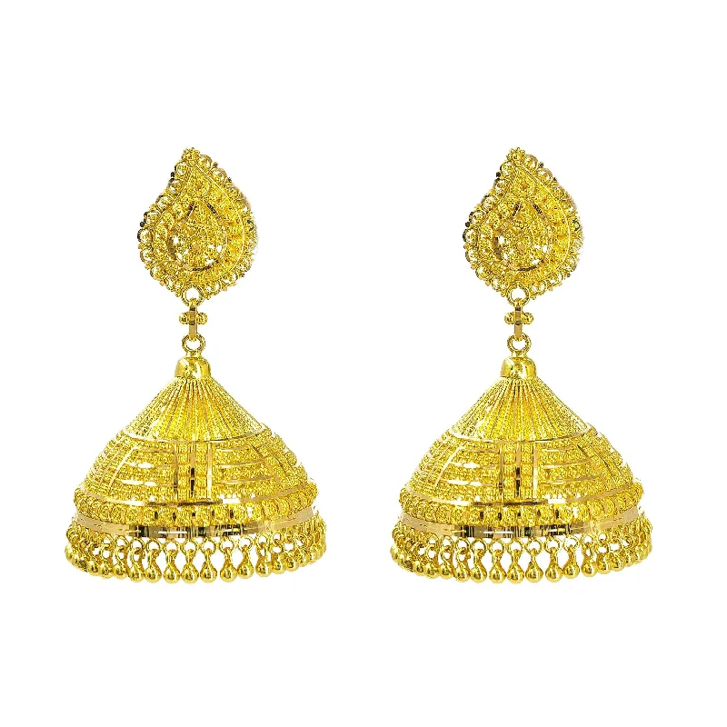 Artistic Designer Earrings-22K Yellow Gold Jhumki Earrings W/ Butta & Detailed Engravings on Mango Pendant