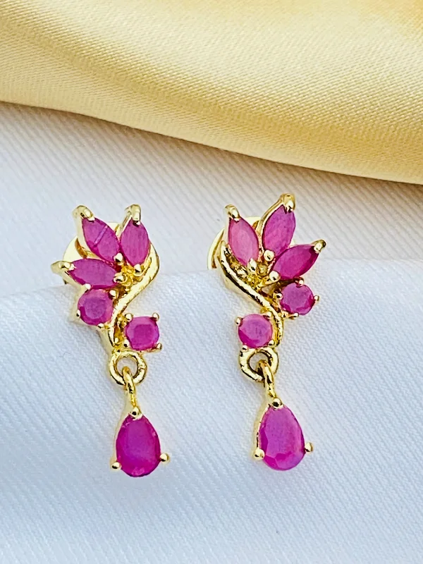 Beautiful Stud Earrings-Elegant Ruby Stoned Gold Plated Earrings With Drops