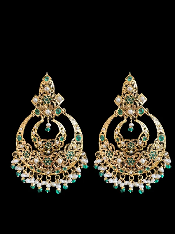 Black Gold Earrings-Emerald pearl gold plated silver chandbali earrings ( READY TO SHIP )