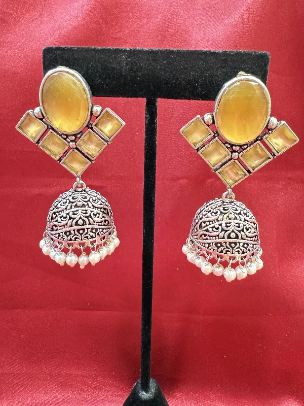 Eco-Friendly Earrings-Alluring Yellow Stone Jhumka Designer Oxidized Earrings For Women