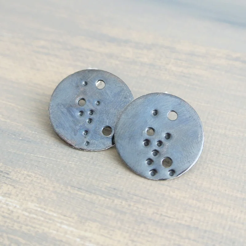 Silver Drop Earrings-Taurus Zodiac Constellation Argentium Silver Disc Earrings