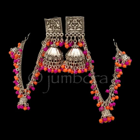 Handmade Crystal Earrings-Multicolor Oxidized Silver Jhumka Earrings with Earchain