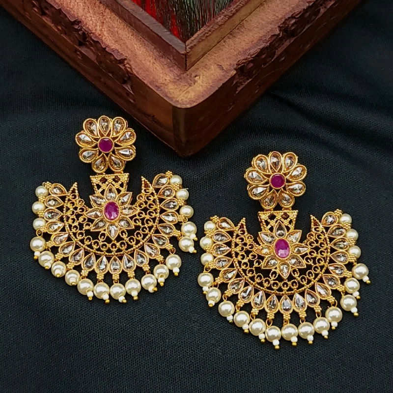 Long Diamond Earrings-Polki LCD Red & Champagne Chandbali Earrings with Pearl