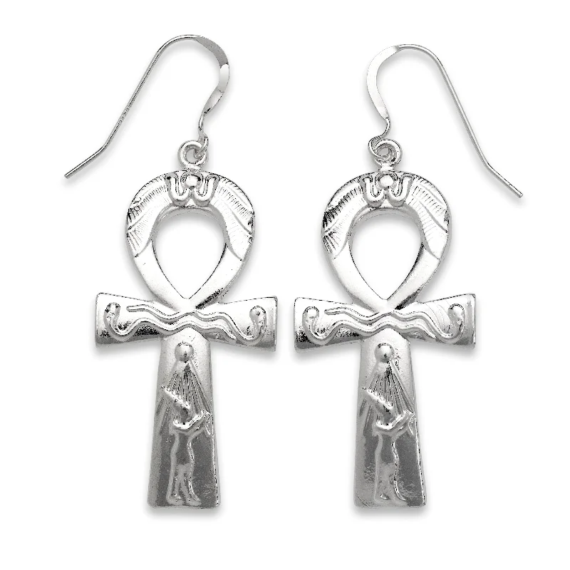 Shiny Crystal Earrings-Key of Life .925 Sterling Silver Ankh Earrings