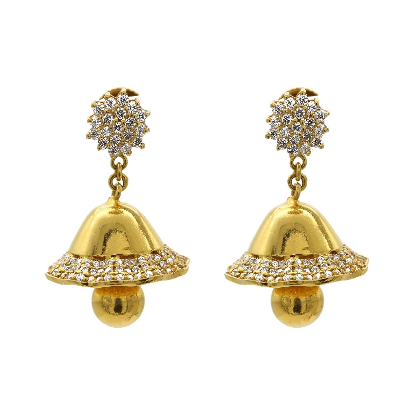 Textured Hoop Earrings-22K Yellow Gold Jhumkis Bell Earrings W/ Cubic Zirconia Pavé