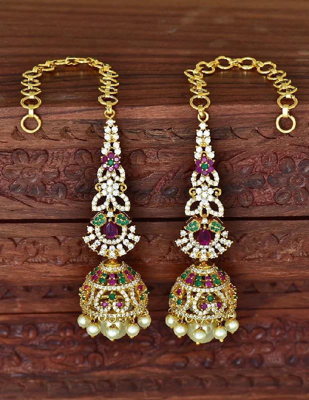 Elegant Dangly Earrings-Designer Gold Plated Zirconia Jhumka Earrings+Matties