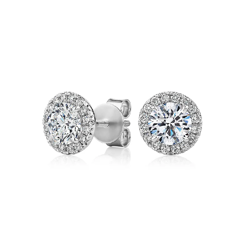 Luxury Wedding Earrings-Premium Certified Lab-Grown Diamond, 1.67 carat TW round brilliant halo earrings in 14 carat white gold