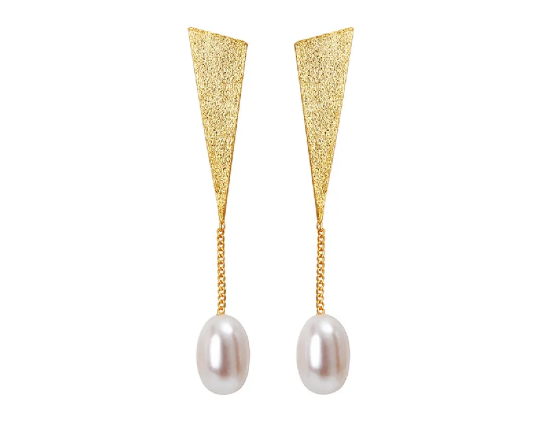 Bright Silver Earrings-Triangle Pearl Earring