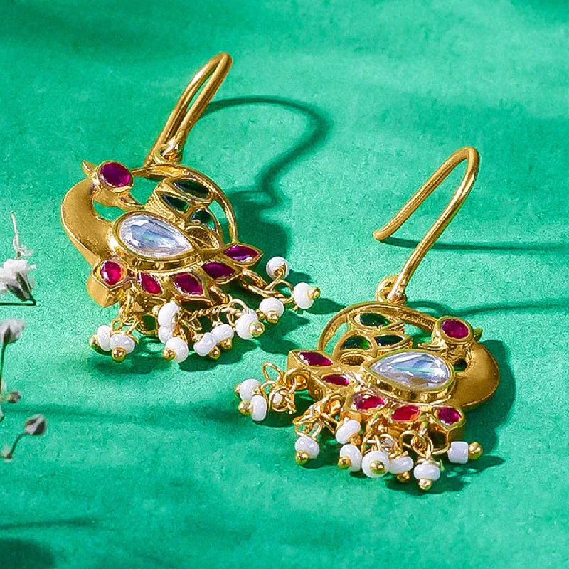 Bridesmaid Earrings-Swan Motif Kundan Dangling Earrings In 92.5 Sterling Silver