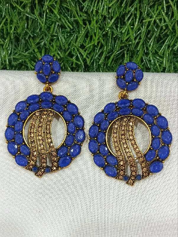 Handmade Hoop Earrings-Beautiful Blue Color Stone Worked Earrings For Women