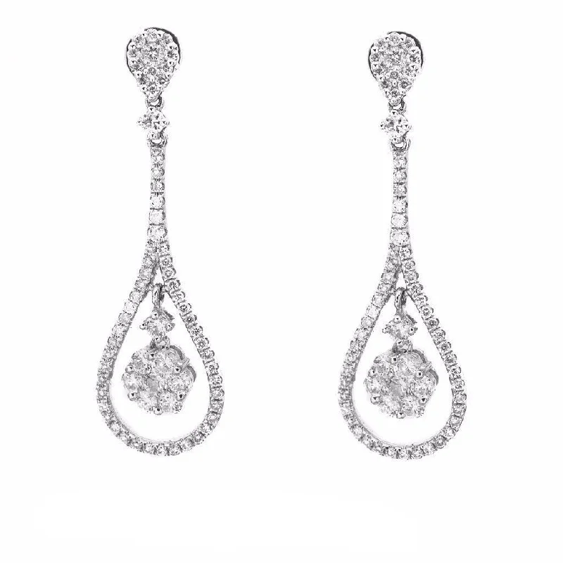 Luxury Wedding Earrings-1.36CT Diamond Double Frame Drop Earrings Set In 14K White Gold W/ Floral Frame Setting