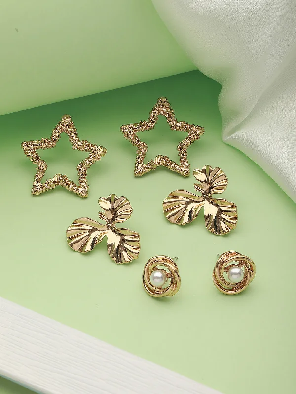 White Gold Earrings-Set Of 3 Gold Plated Star & Floral Shaped Stud Earrings