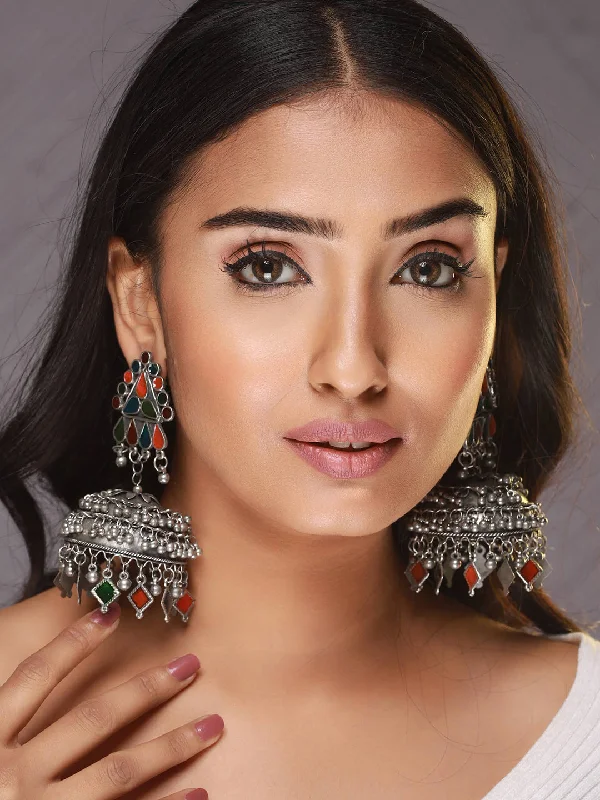 Fashion Earrings for Teenagers-Silver Plated Multicolored Dome Shaped Meenakari Jhumkas Earrings