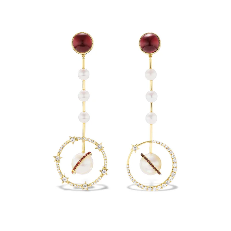 Colorful Gemstone Hoop Earrings-PLANETARY PEARL AND GARNET EARRINGS