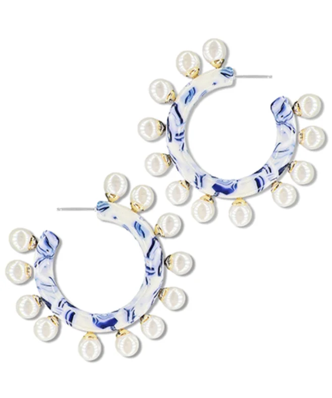 Vintage Style Earrings-Blue Cream Pearl Hoop Earrings