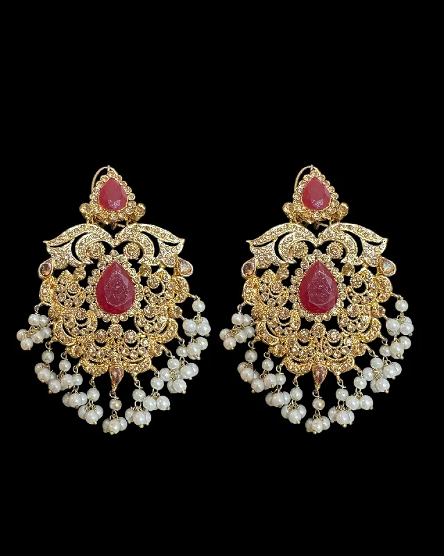 Elegant Stud Earrings-DER757  Raaga pakistani zircon earrings in ruby /champagne gold stones  ( READY TO SHIP )