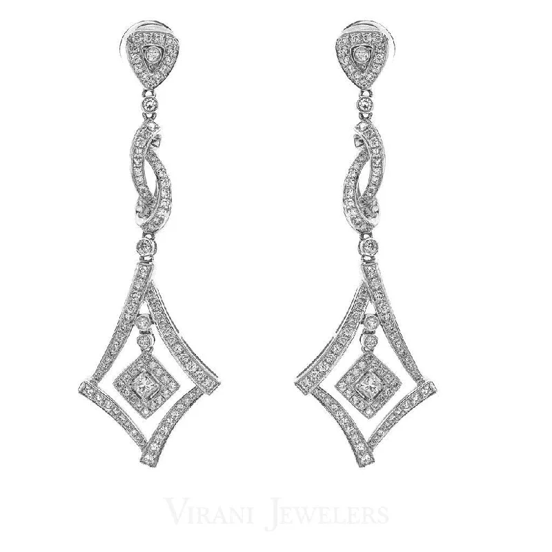 Geometric Dangle Earrings-1.77CT Diamond Drop Earrings Set In 18K White Gold W/ Diamond Frames