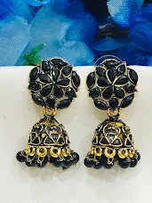 Minimalist Hoop Earrings-Elegant Black Color Flower Design Jhumka Earrings For Women