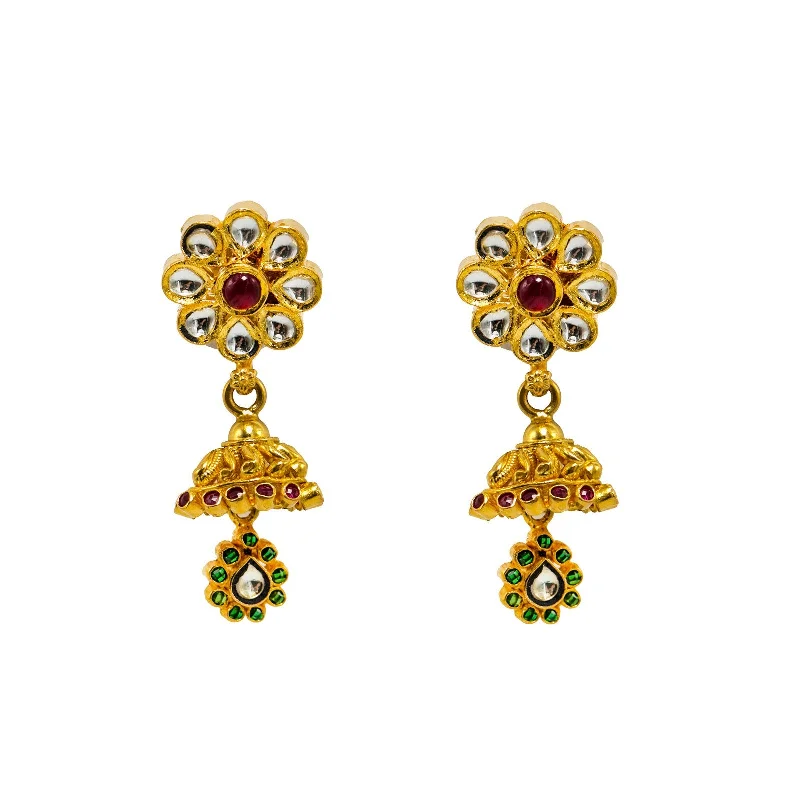 Artistic Gemstone Earrings-22K Yellow Gold Jhumki Earrings Earrings W/ Rubies, Emeralds, Kundan & "White" Flower Accent