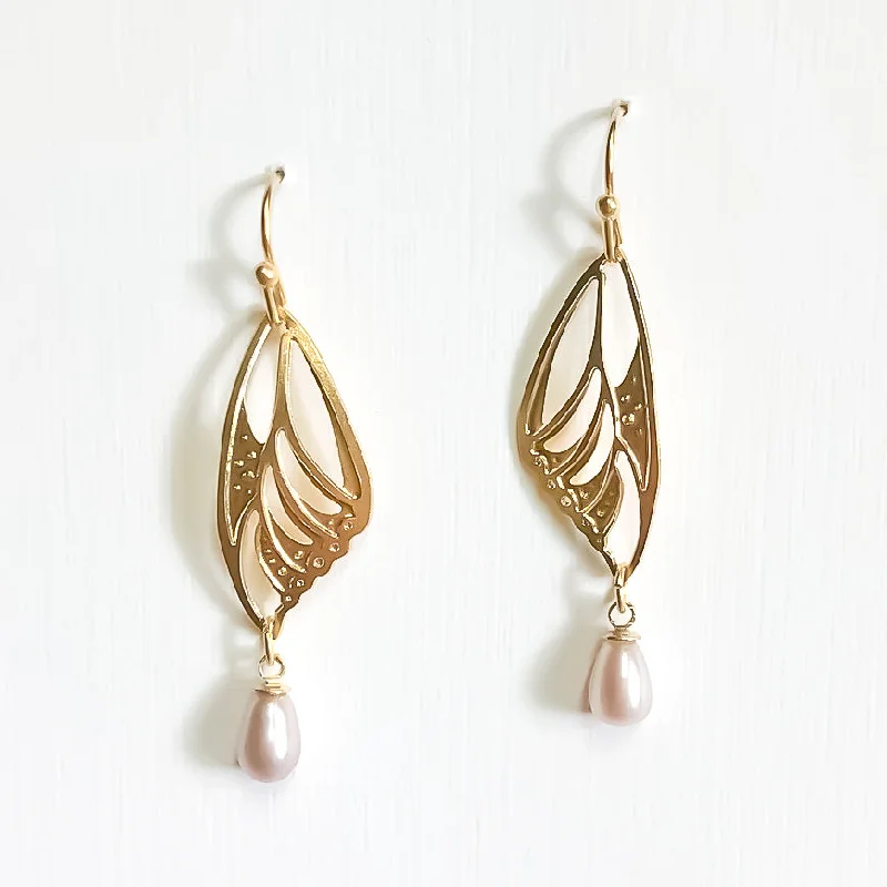 Fancy Drop Earrings-Butterfly Wing - Pearl Earrings