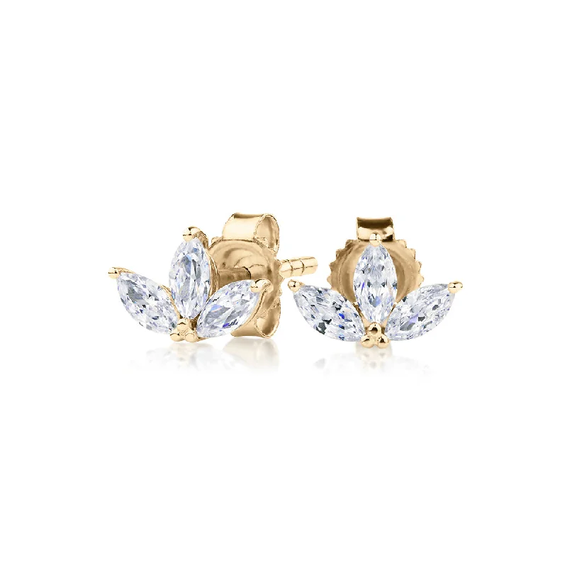 Gold and Diamond Earrings-Marquise stud earrings with 0.6 carats* of diamond simulants in 10 carat yellow gold