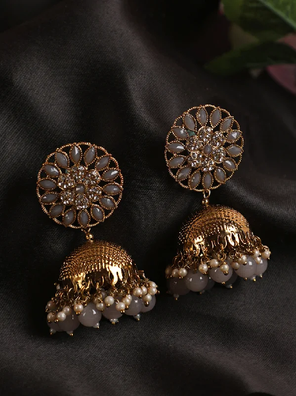 Silver Bead Earrings-Grey Antique Gold-Plated Studded Dome Shaped Jhumkas