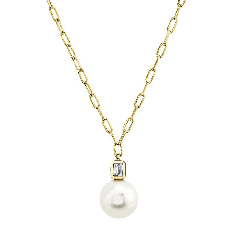 Luxury Pearl Necklace-PEARL & DIAMOND BOX CHAIN PENDANT