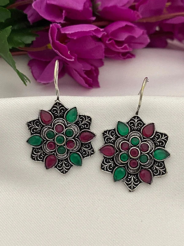 Pink Gemstone Earrings-Dazzling Red And Green Color Rounded Floral Designer Oxidized Earrings