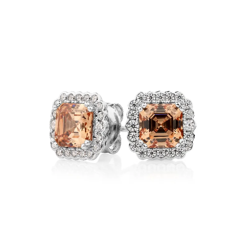 Handmade Drop Earrings-Asscher and Round Brilliant halo stud earrings with 2.9 carats* of diamond simulants in sterling silver