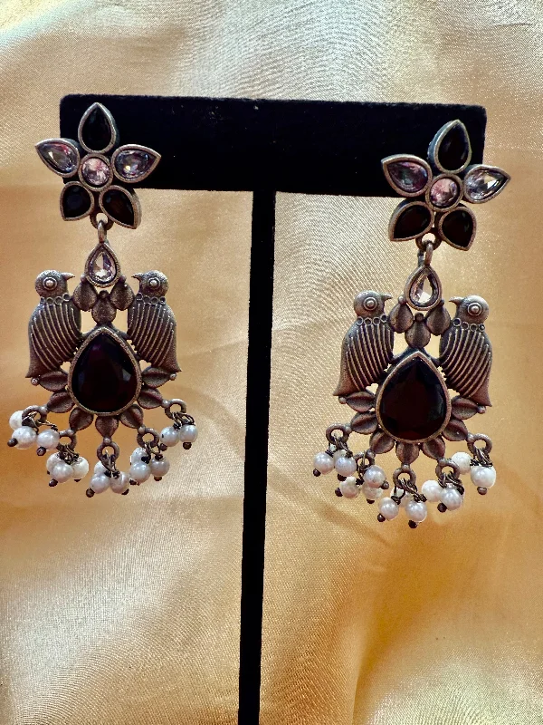 Statement Earrings for Weddings-Appealing Oxidized Black And Silver Stone And Beaded Work Bird Designs Earrings For Women