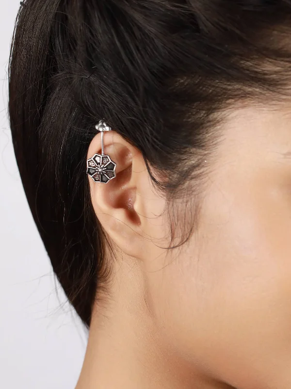 Silver Earrings with Diamonds-Set Of 2 Silver-Toned Textured & Floral Ear Cuff Earrings