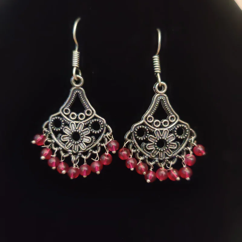 Silver Drop Earrings-Beautiful Oxidized Earrings With Red Color Beeds