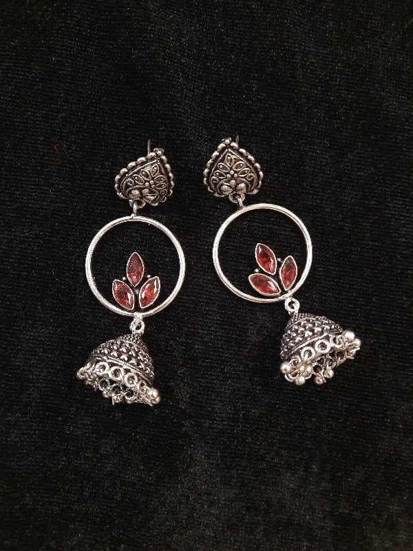 Silver Hoop Earrings-Alluring Red Color Floral Design Silver Oxidized Jhumka For Women