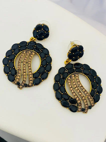 Abstract Design Earrings-Gorgous Antique Gold Black Stoned Earrings For Women